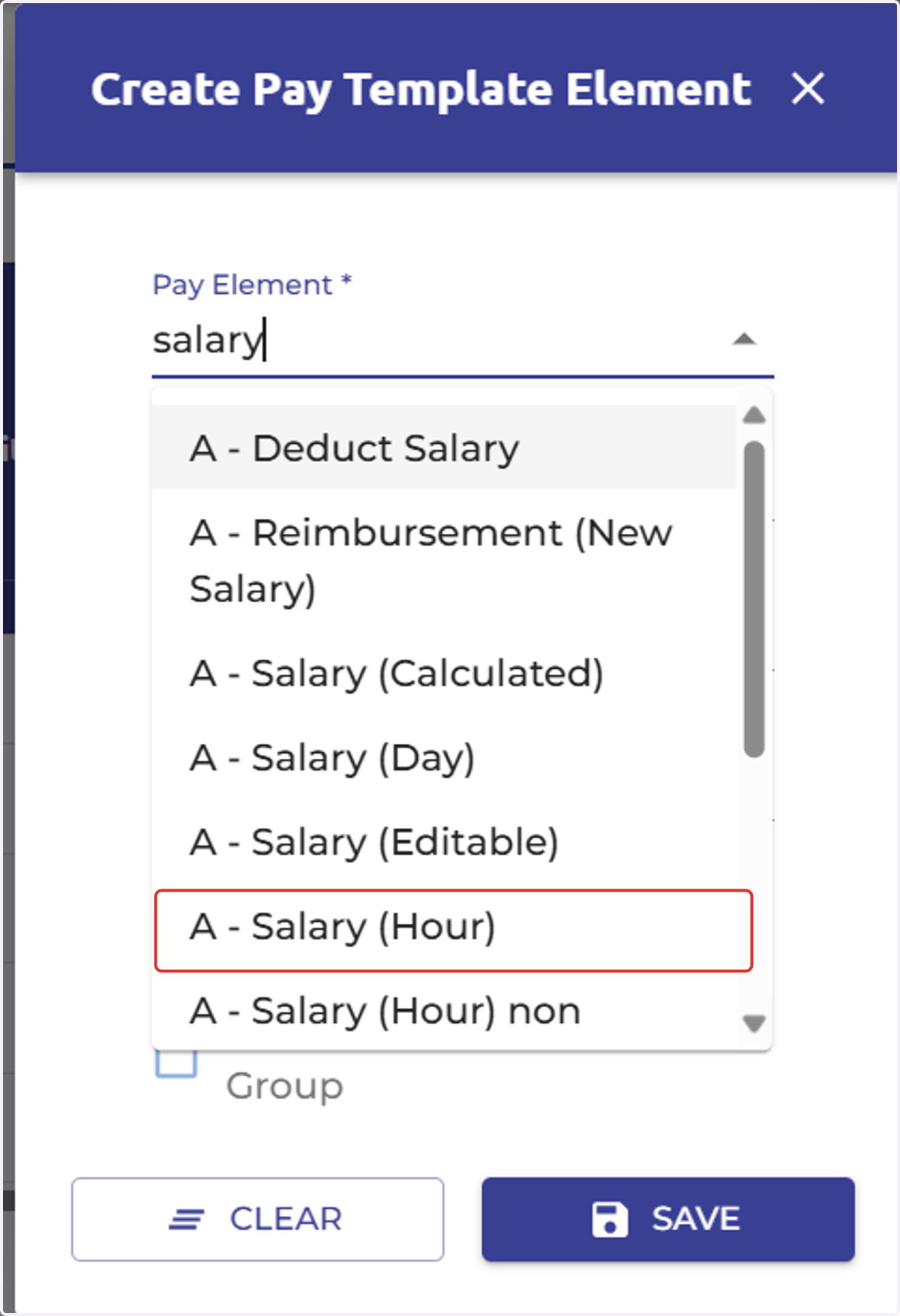 Use the filter option to type in the name of the pay element, or simply scroll to find the relevant pay element.