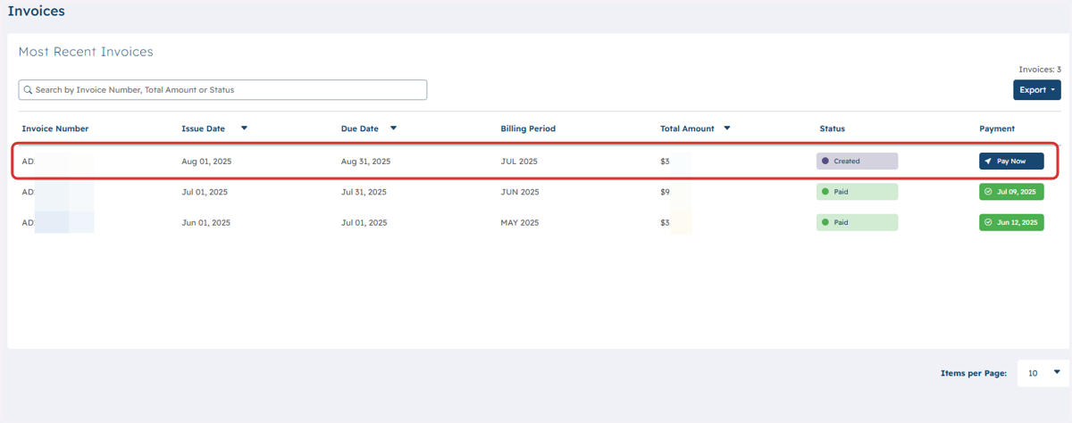 To see more details and to Pay an Invoice click on the preferred Invoice.