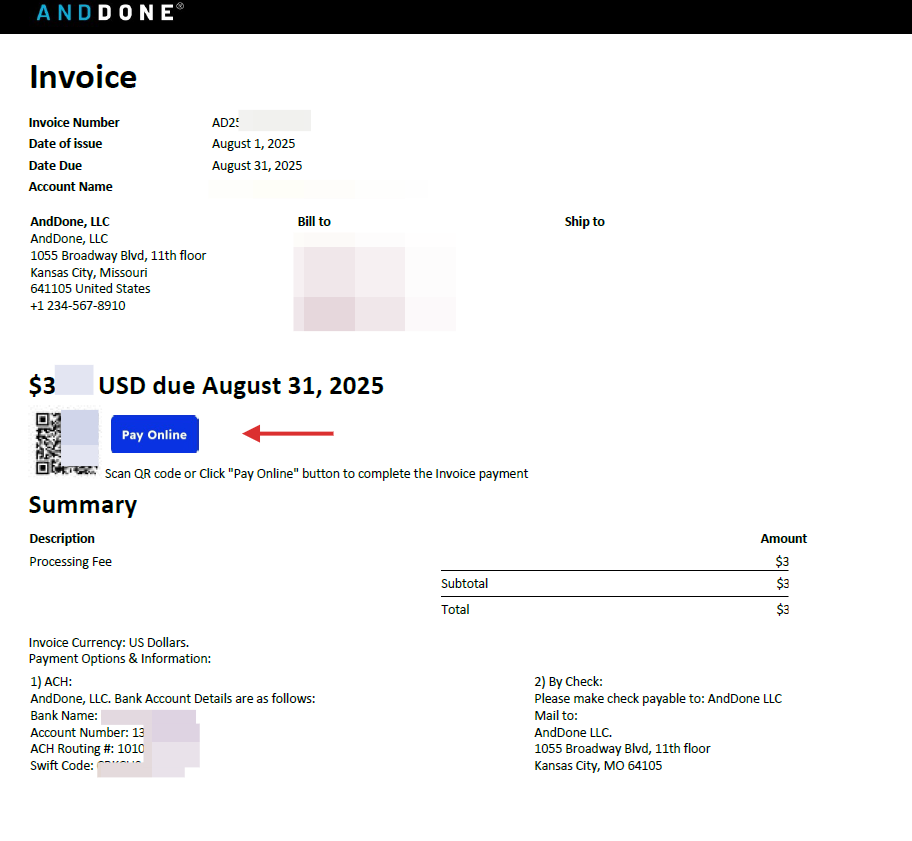 A PDF version of your Invoice will open in a separate window and provide both a QR code or Pay Now button to easily complete your payment.