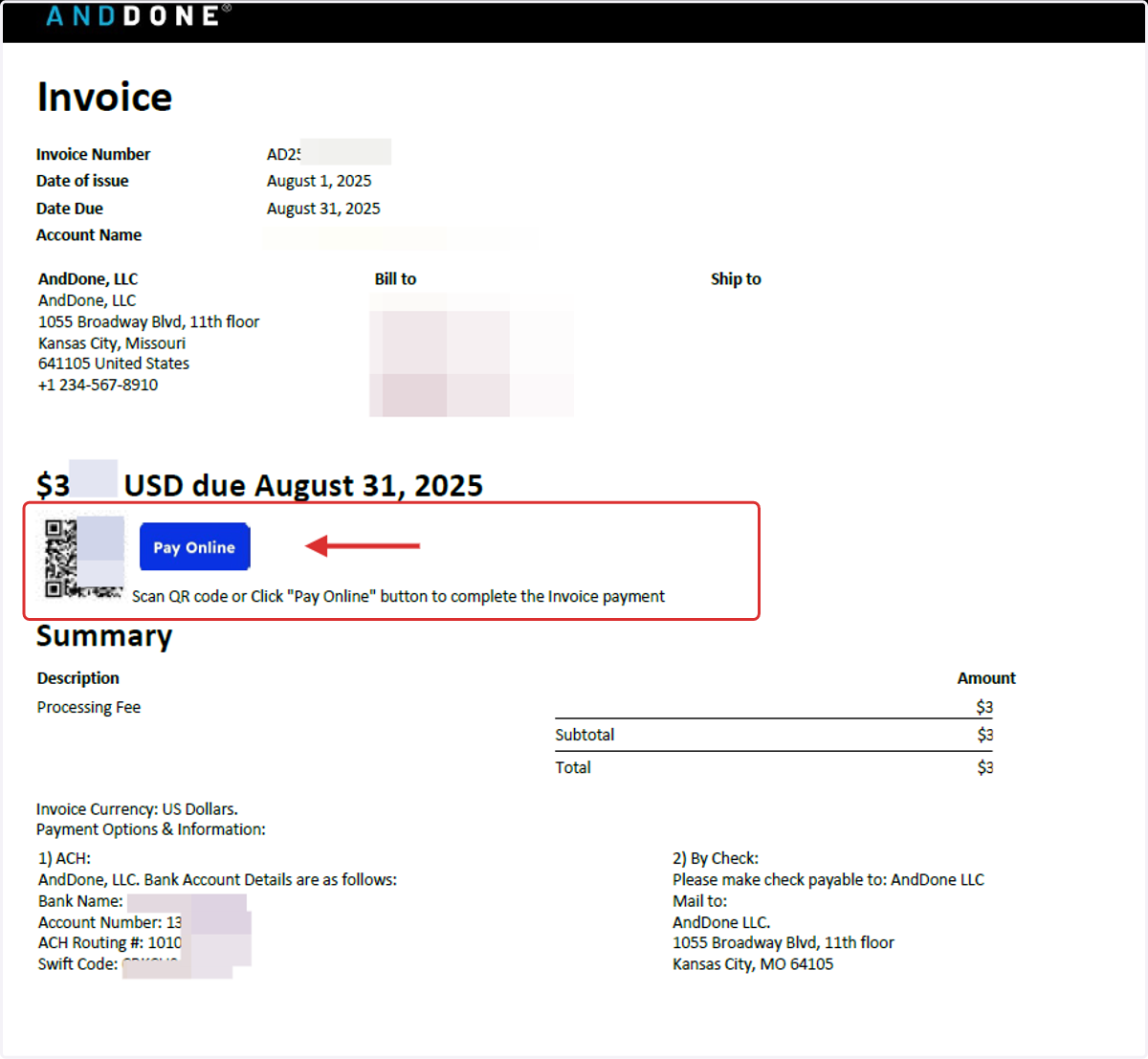 A PDF version of your Invoice will open in a separate window and provide both a QR code or Pay Now button to easily complete your payment.