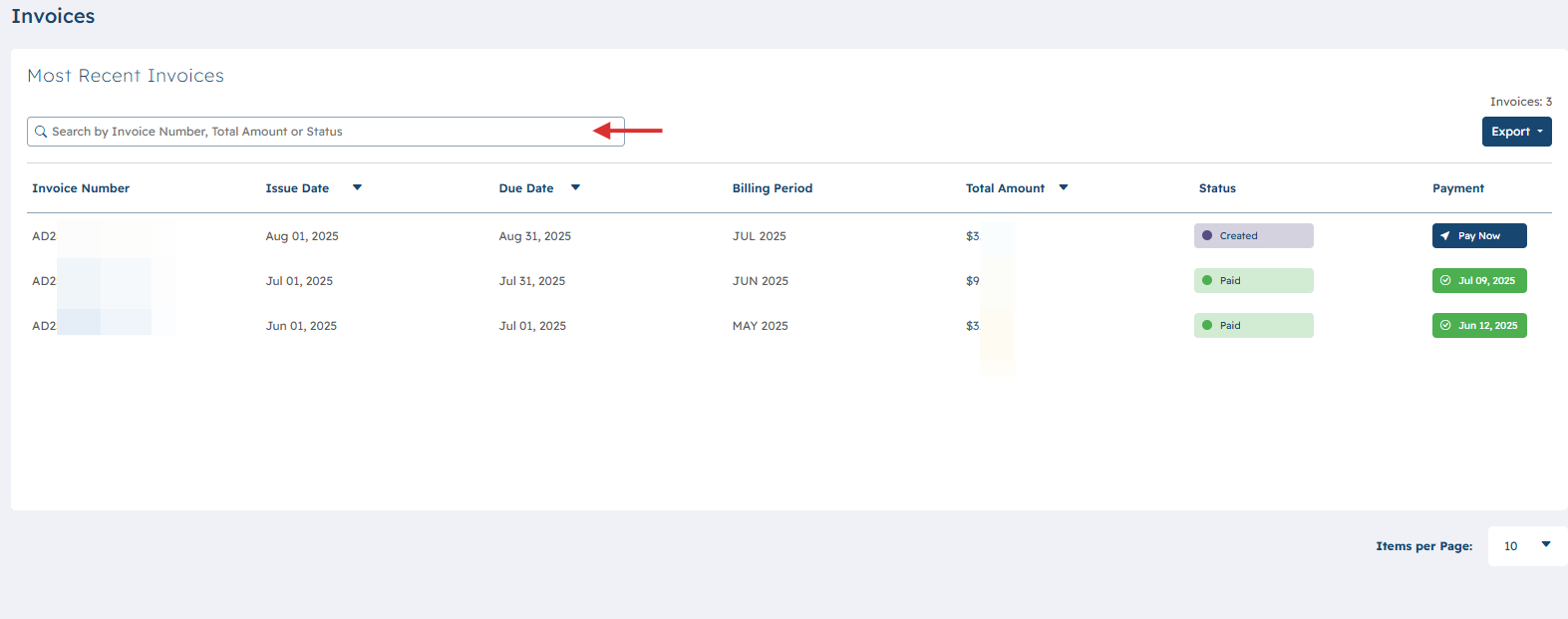 Recent Invoice(s) will be displayed. Also you may utilize the Search bar to filter your options.