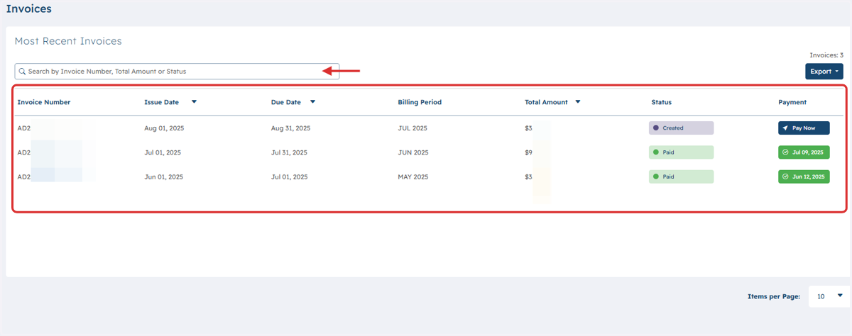 Recent Invoice(s) will be displayed. Also you may utilize the Search bar to filter your options.