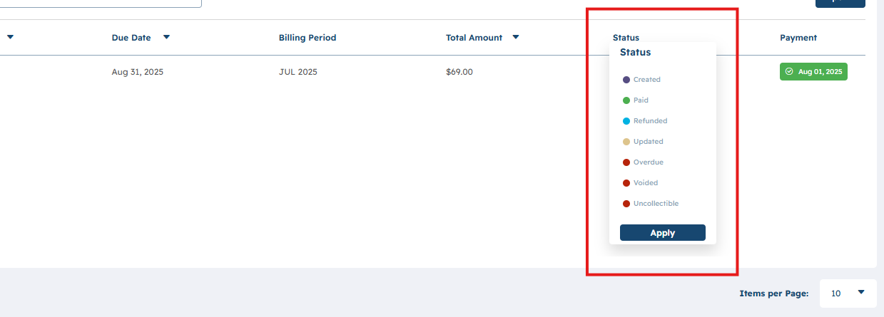 Please see the available status options for your Invoices
