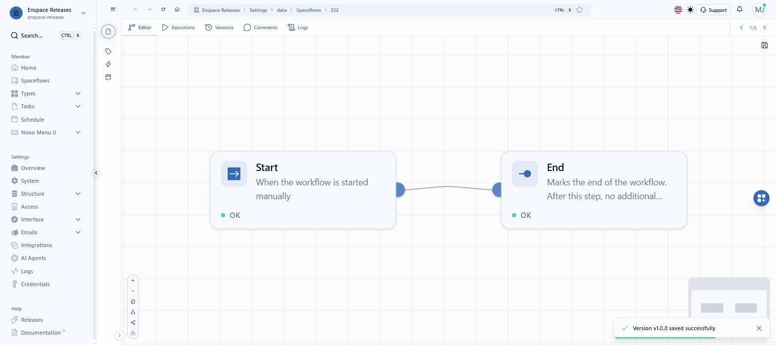 The success message confirms the version was saved, and you stay on the same page with the flow open