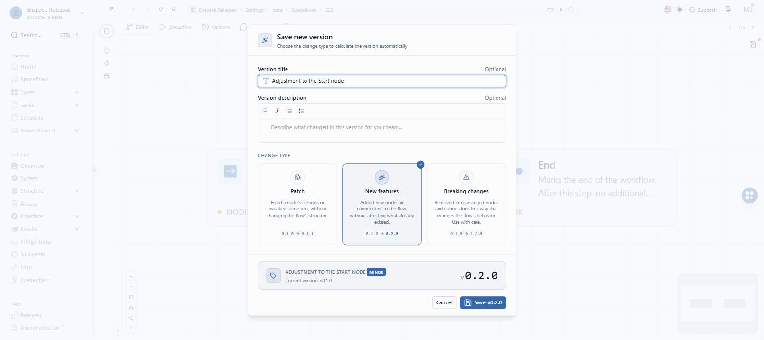 The Save new version screen opens with Version title, Version description and Change type. Fill in the Version title, which is what identifies the change in the history