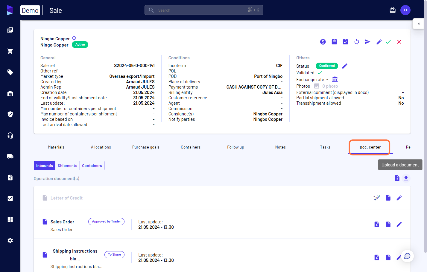 Go to the 'doc center' and click on 'Upload a document'