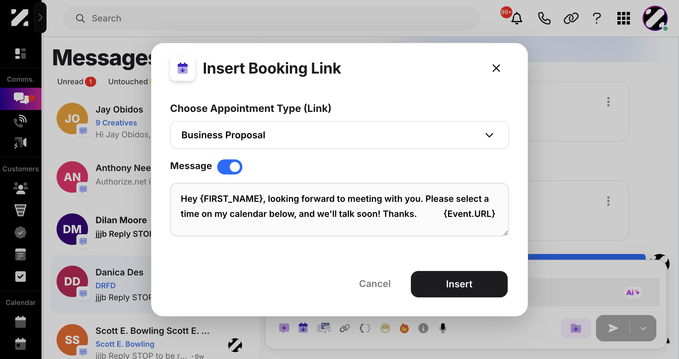 A pop-up will appear. From here, you can choose the appointment type and add an optional message to send with the booking invite.