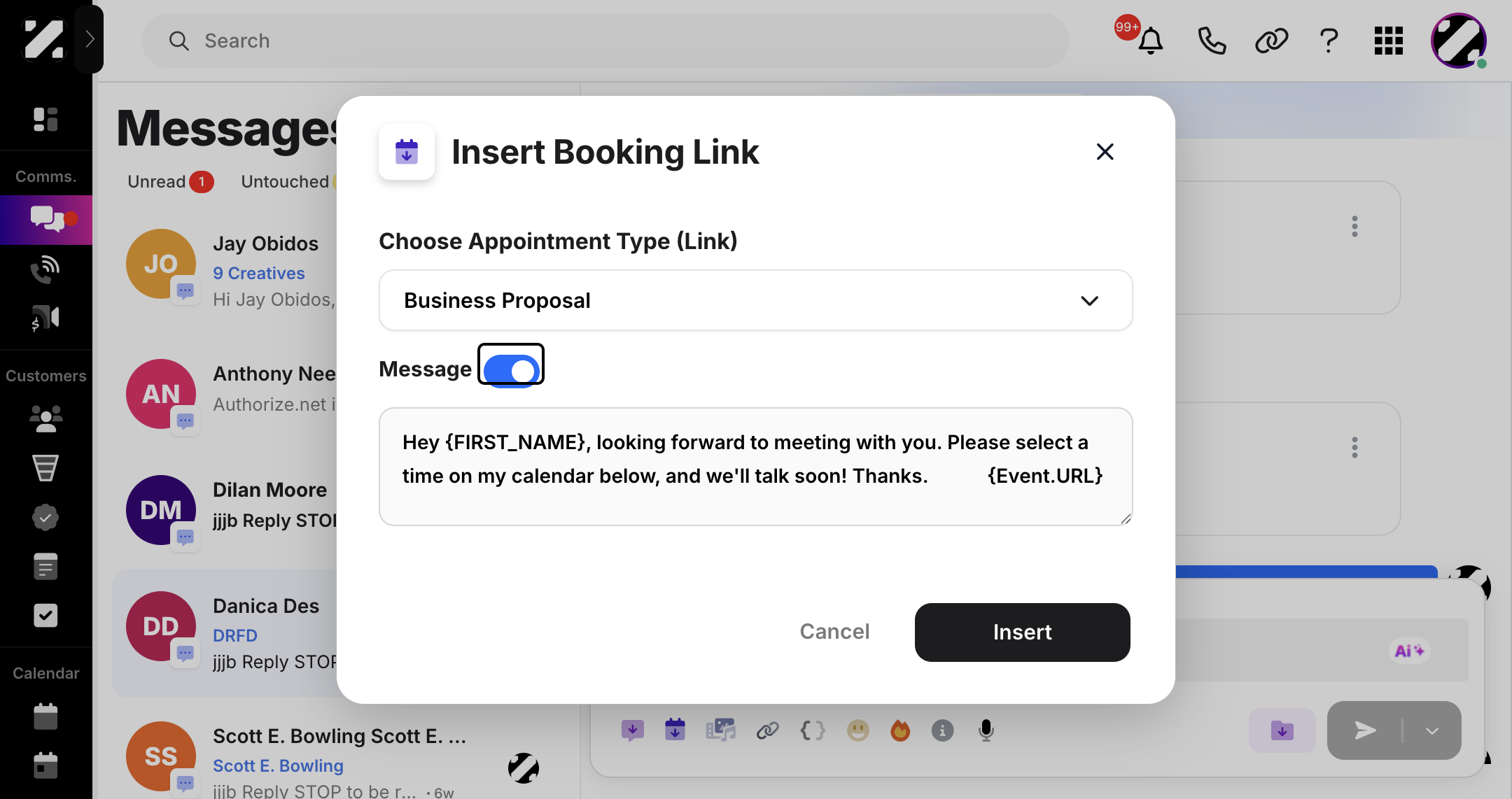 A pop-up will appear. From here, you can choose the appointment type and add an optional message to send with the booking invite.