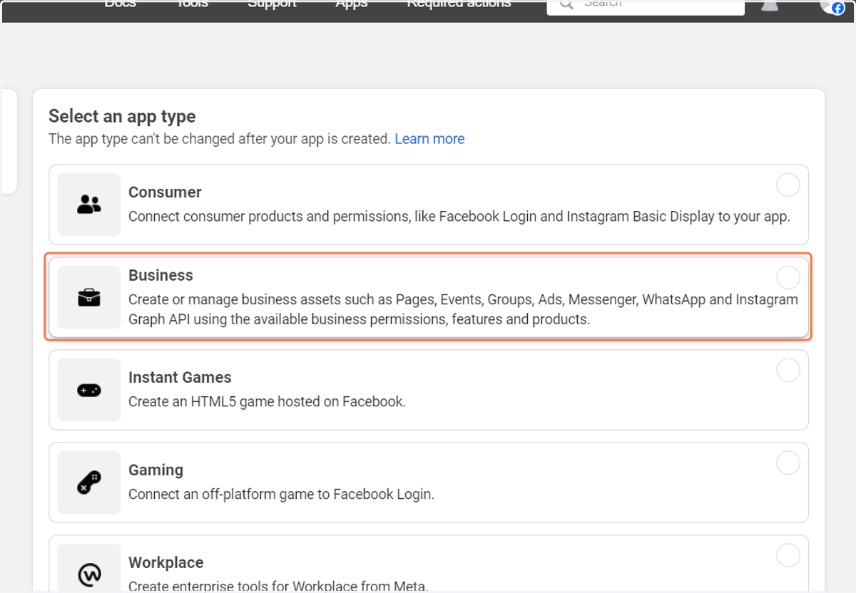 Click on "Business" for the App Type