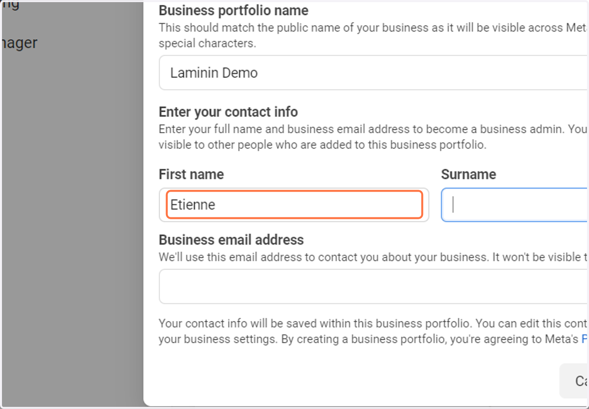 Type the First Name of your Business Admin