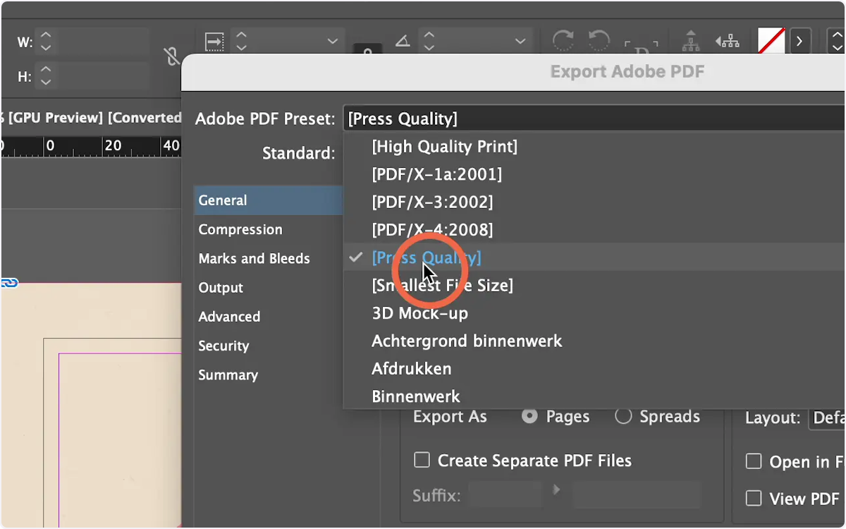 Het exportscherm verschijnt. Gebruik de Adobe PDF Preset PRESS QUALITY
