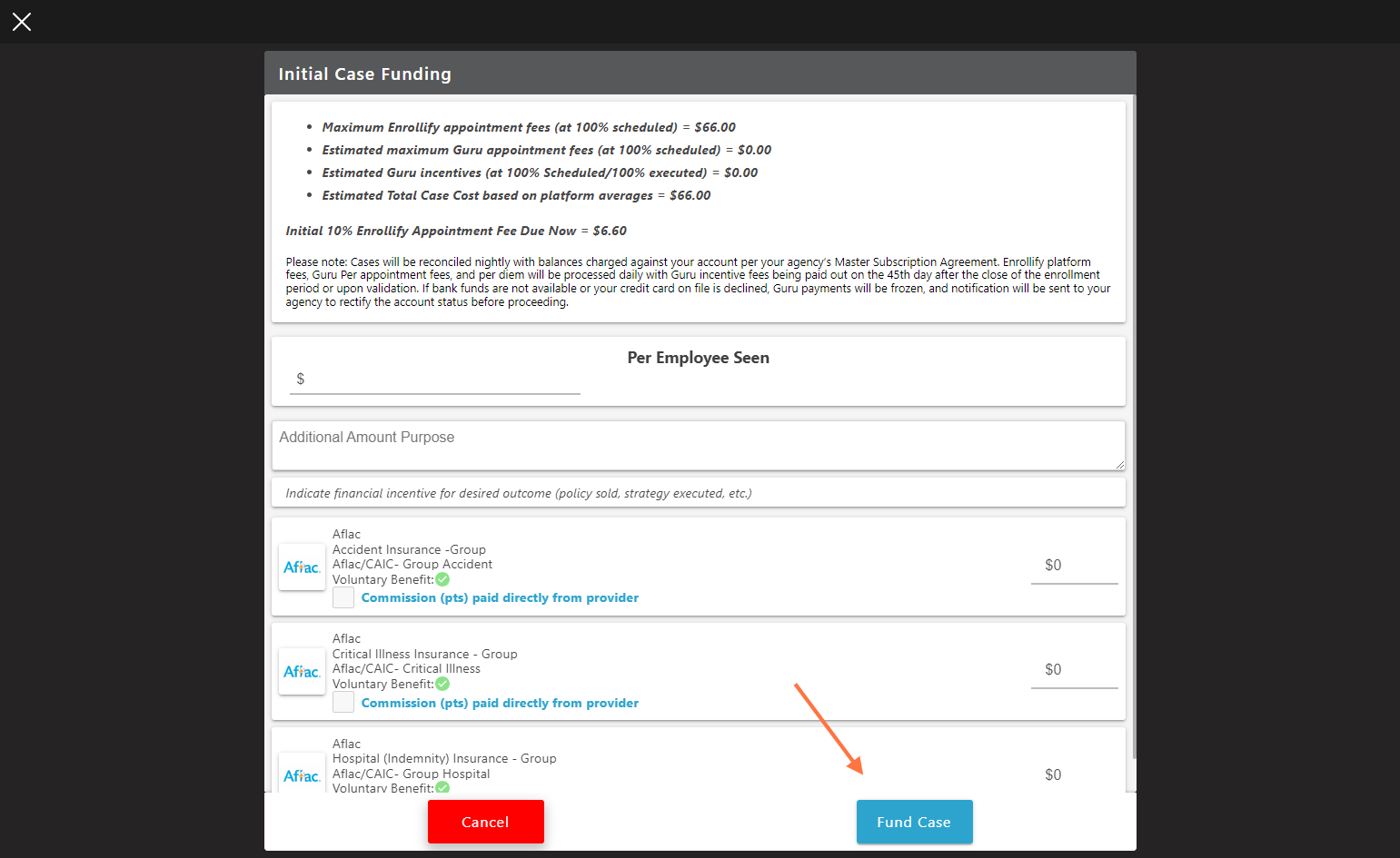 Once you have reviewed the fee, click 'Fund Case'