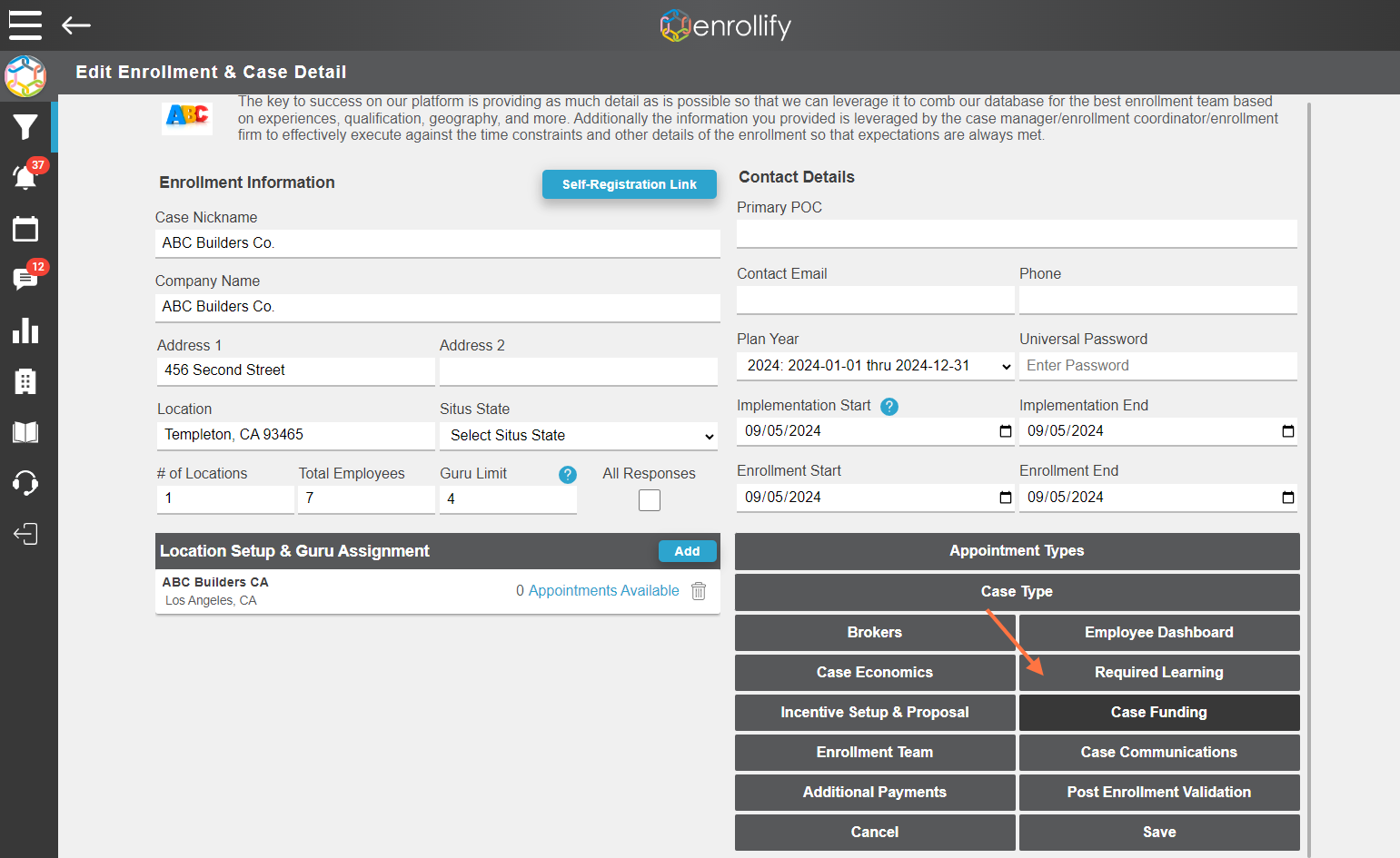 Once the initial case details have been filled out, click on 'Case Funding'