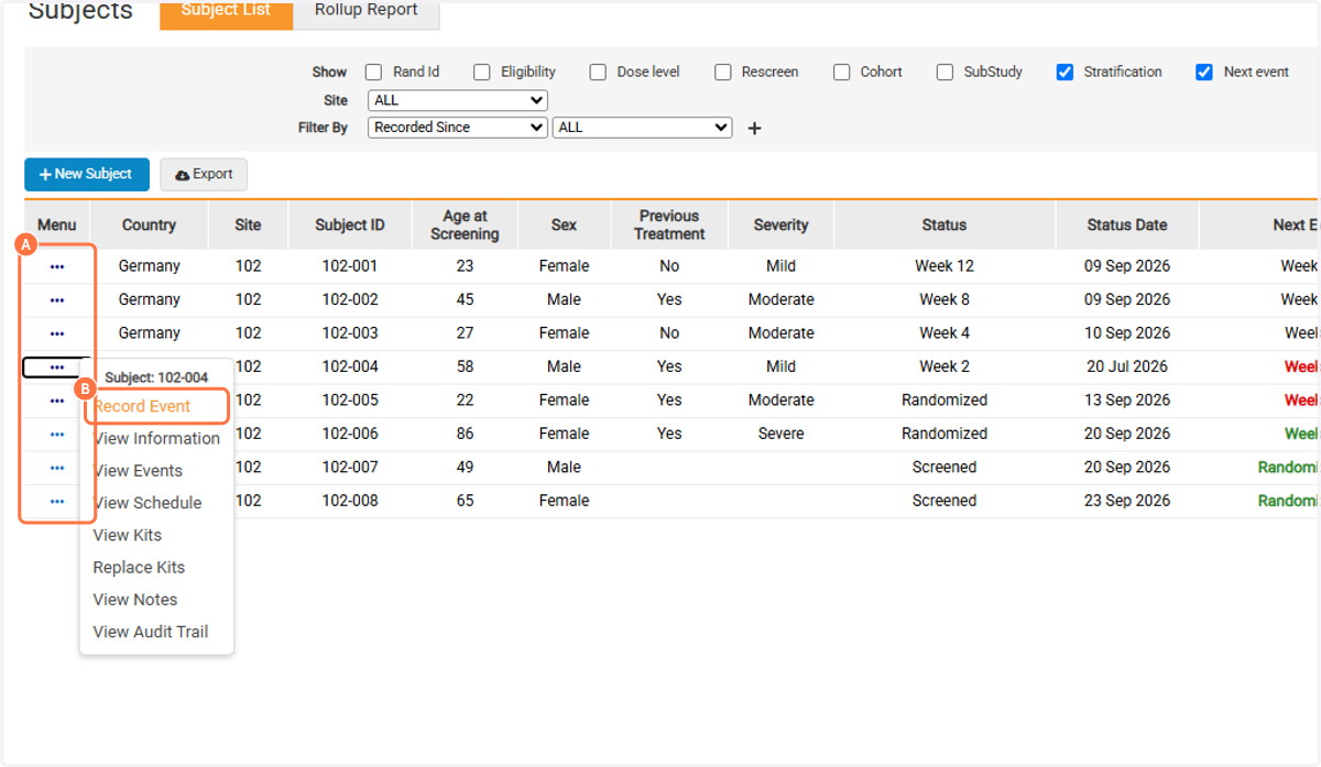 A. Click on Task Menu B. Click on Record Event