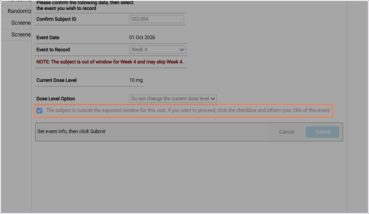 Click checkbox to proceed with recording the visit outside of the window.