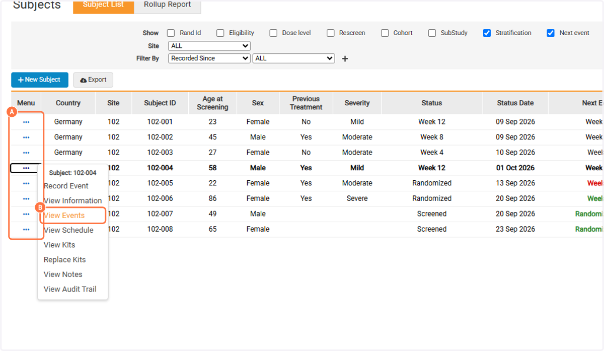 A. Click on Task Menu B. Click on View Events