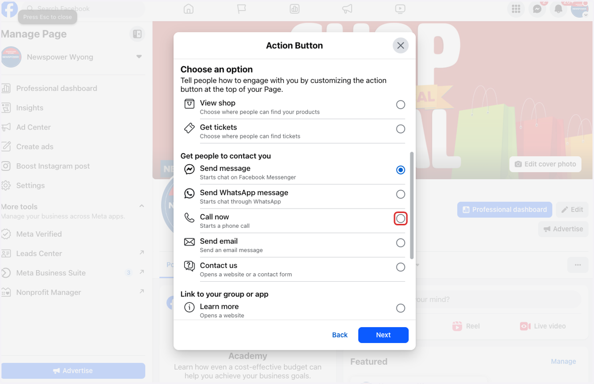 Select the action you want customers to take