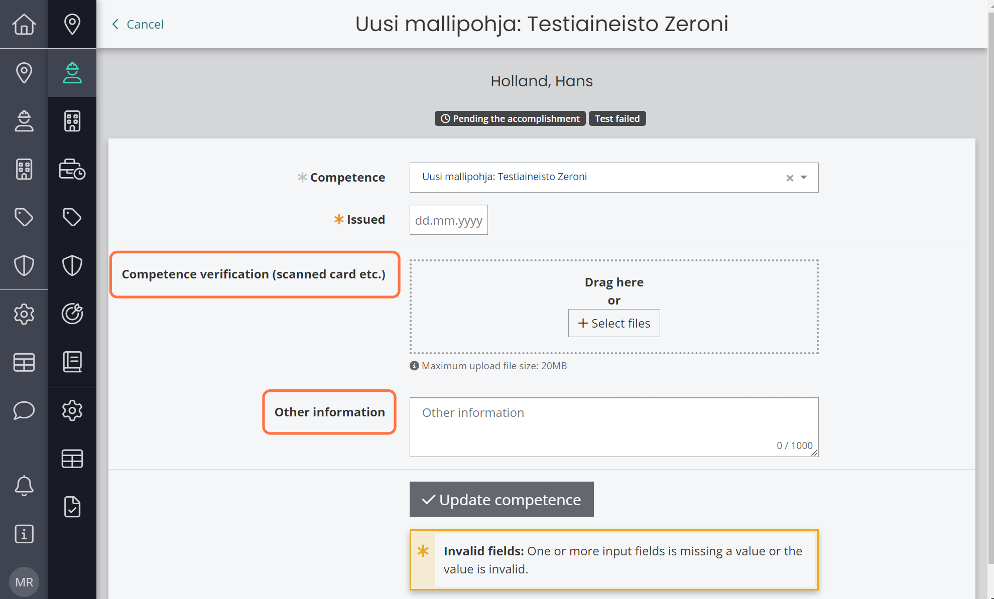 Select the issuance date. You can also add the competence verification and additional information.