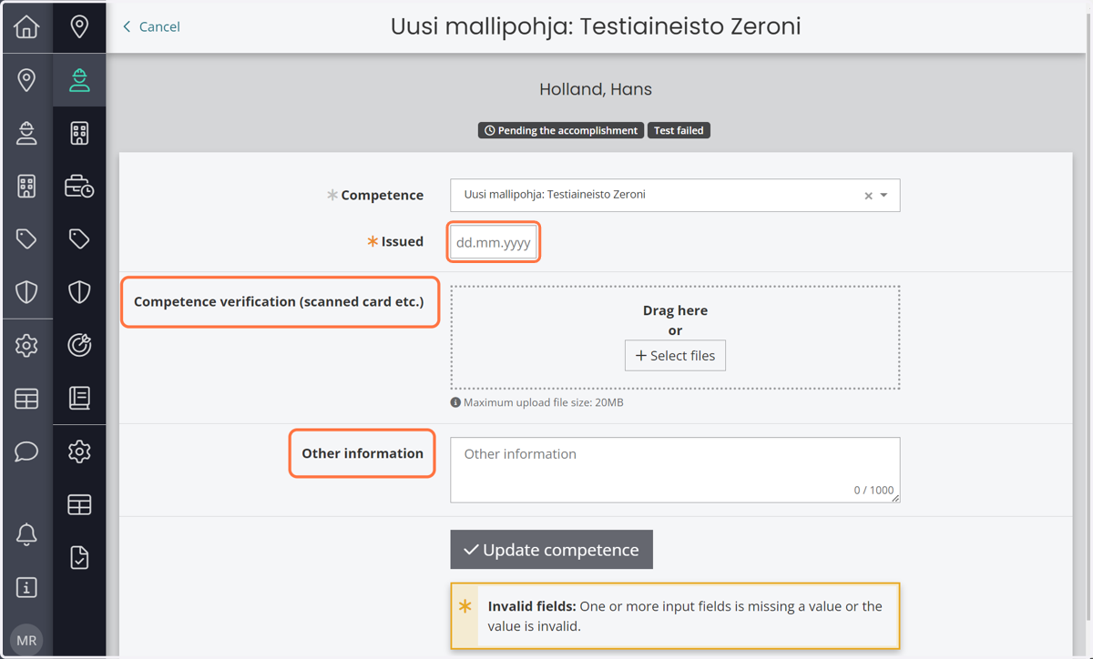 Select the issuance date. You can also add the competence verification and additional information.