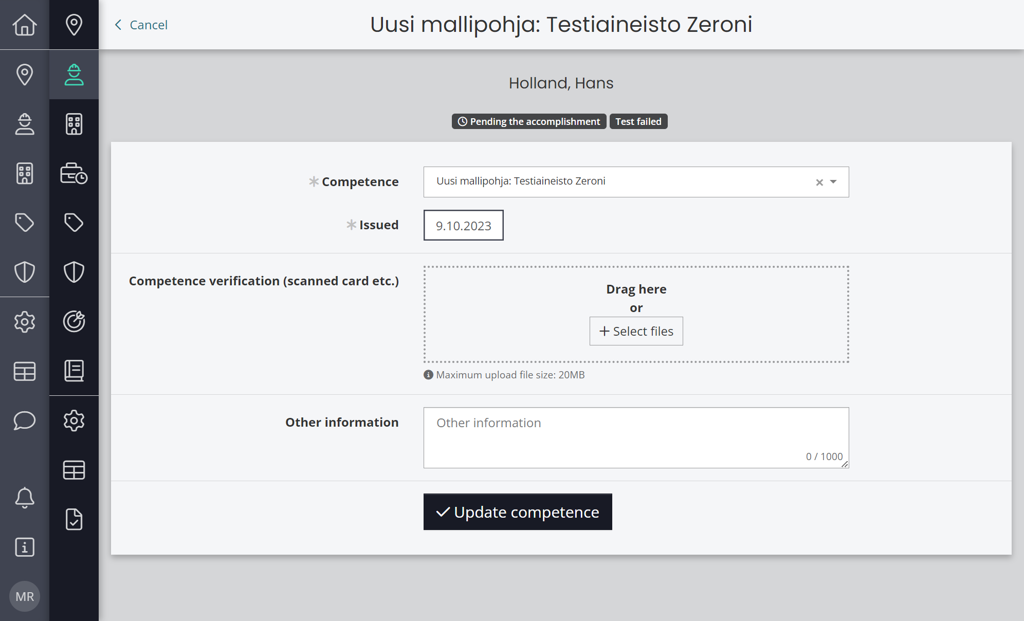 Click on Update competence