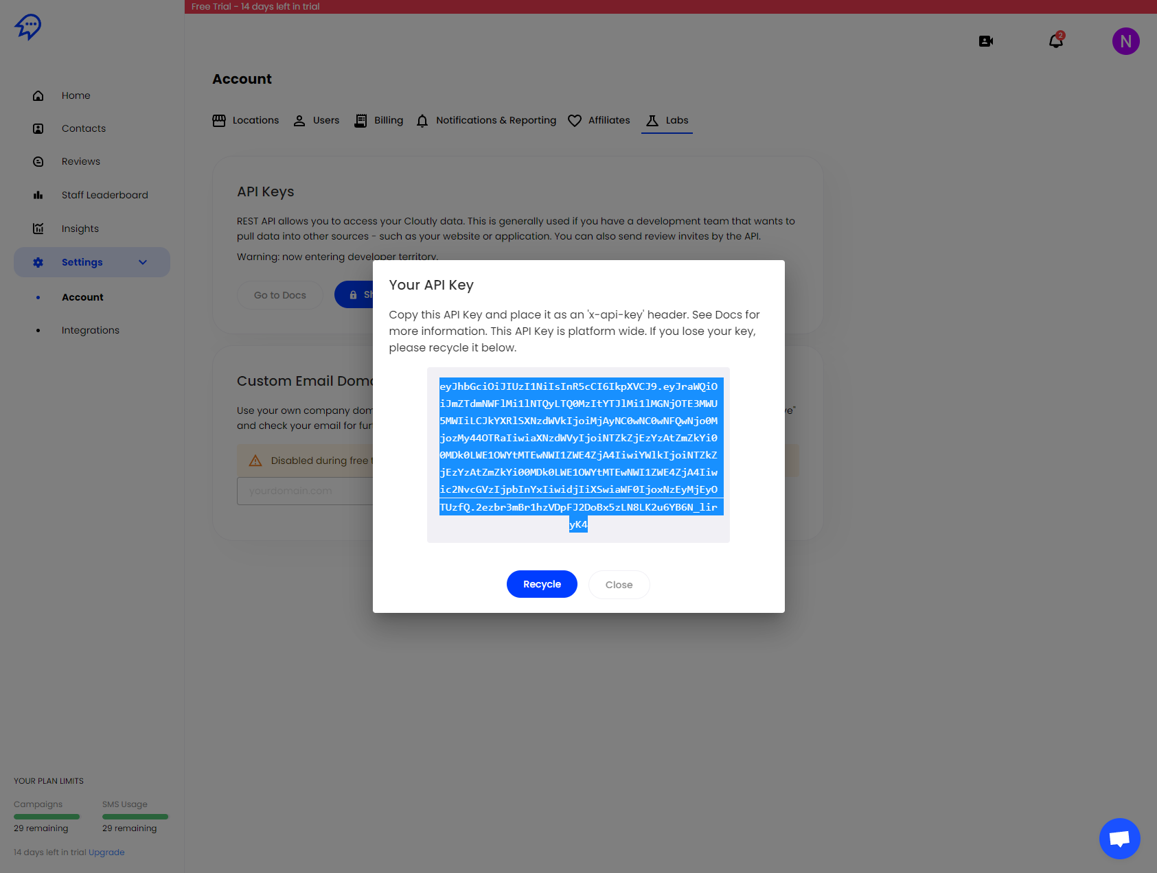 Copying the API key