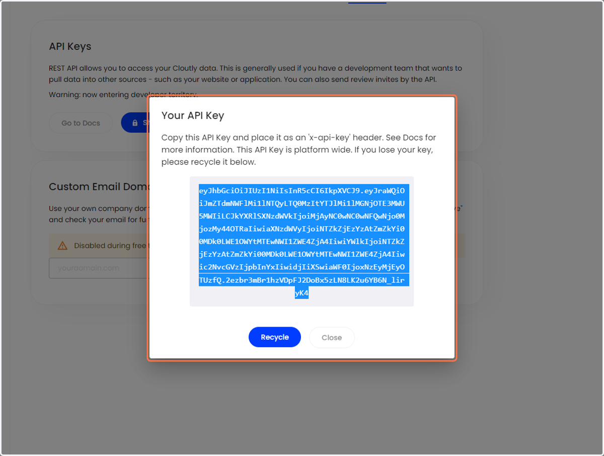 Copying the API key