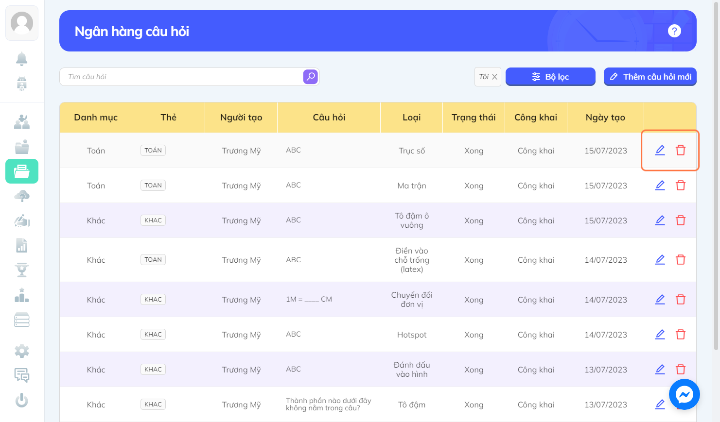 Nhấn chọn biểu tượng cây bút để chỉnh sửa câu hỏi hoặc biểu tượng thùng rác để xóa câu hỏi