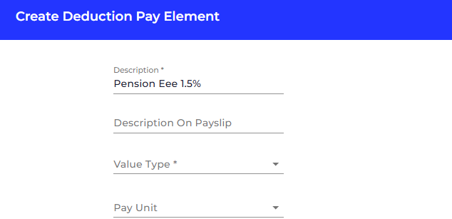 Type the name of the new pay element, if you'd like something different to show in the employees payslips you can add this to the description on payslip field.