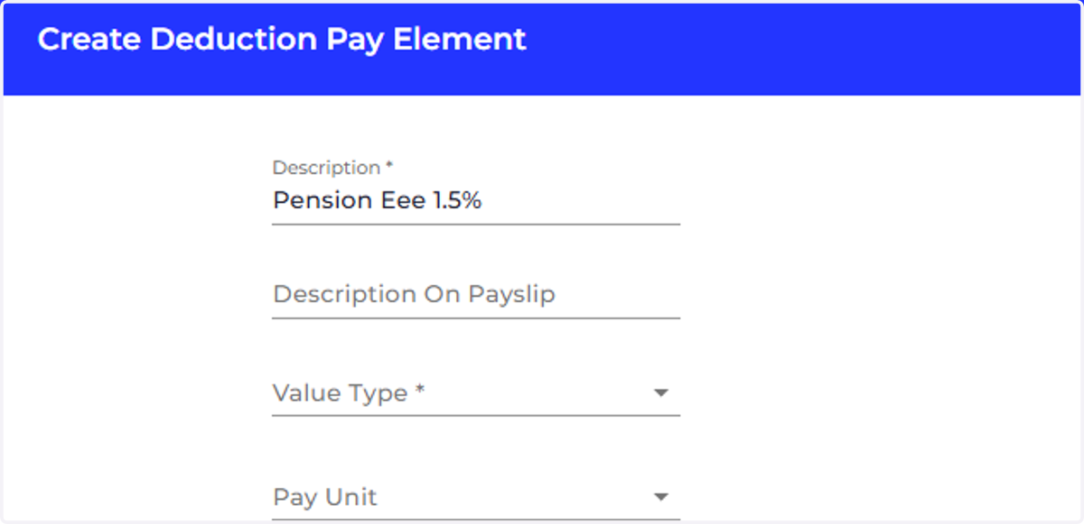 Type the name of the new pay element, if you'd like something different to show in the employees payslips you can add this to the description on payslip field.