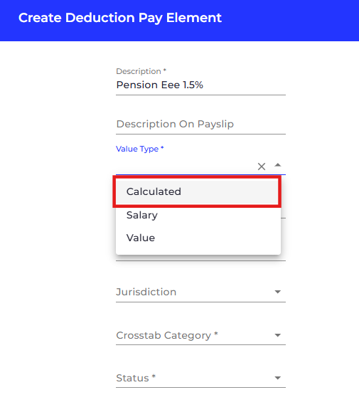 Choose a value type for the pay element.