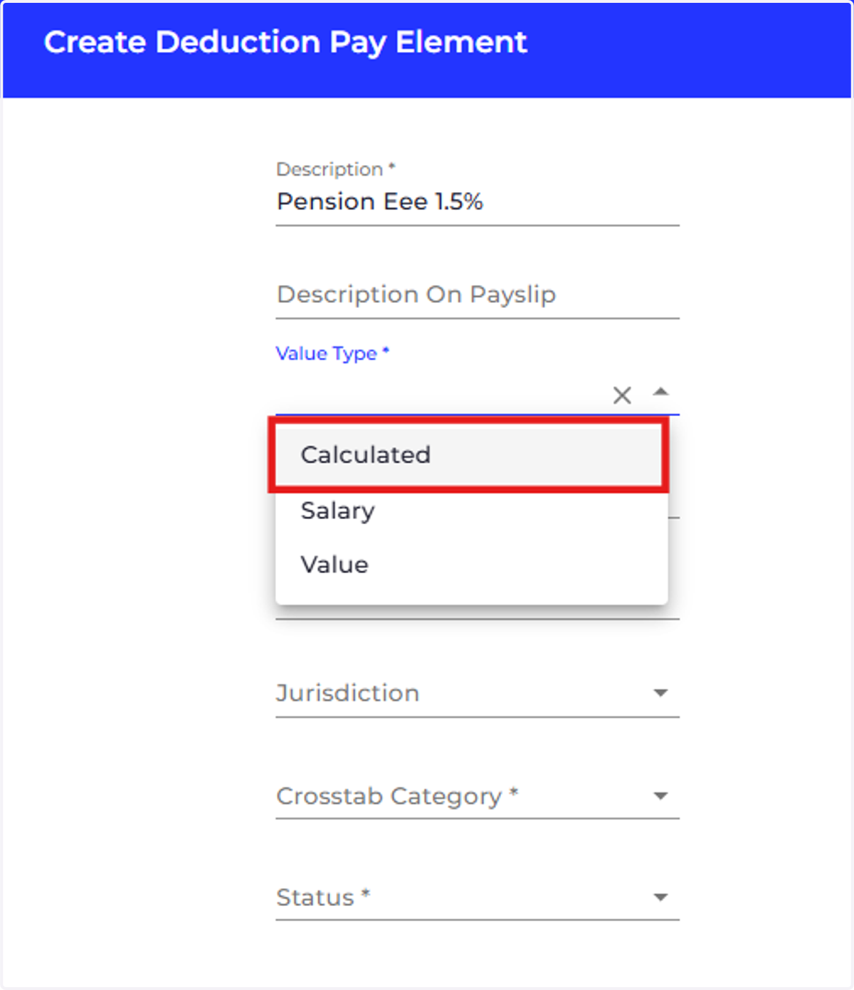 Choose a value type for the pay element.