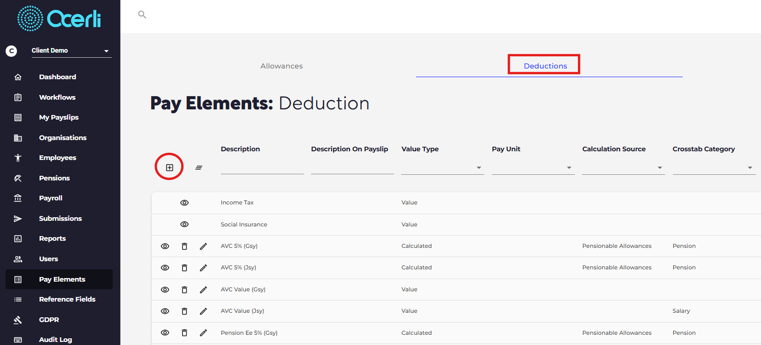 Click on Deductions or Employer depending on the type of pay elements you wish to create.