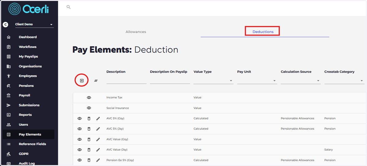 Click on Deductions or Employer depending on the type of pay elements you wish to create.