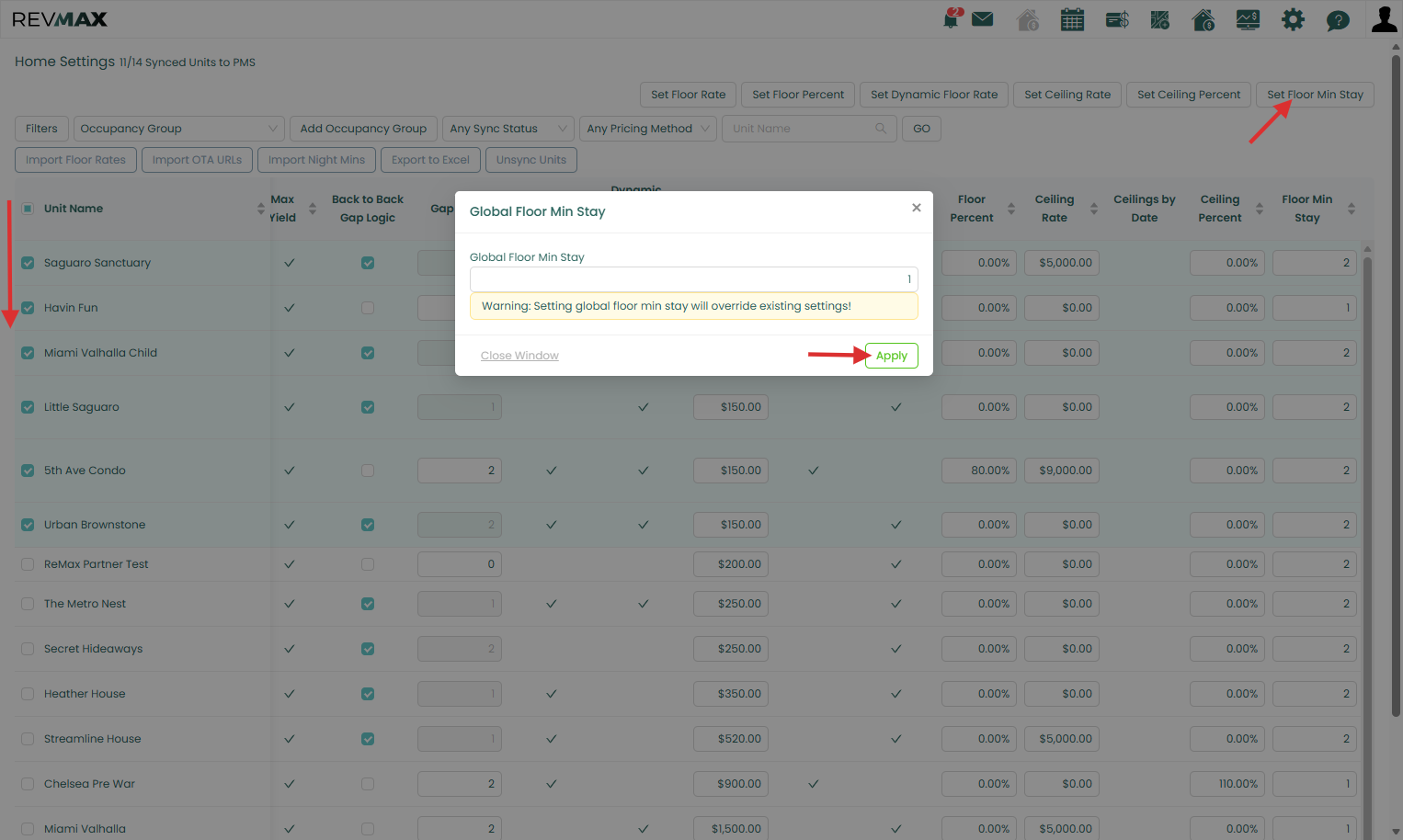 On this page, you can apply the setting in bulk by selecting all or several units.