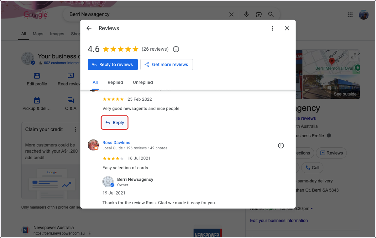 Find review and click on Reply