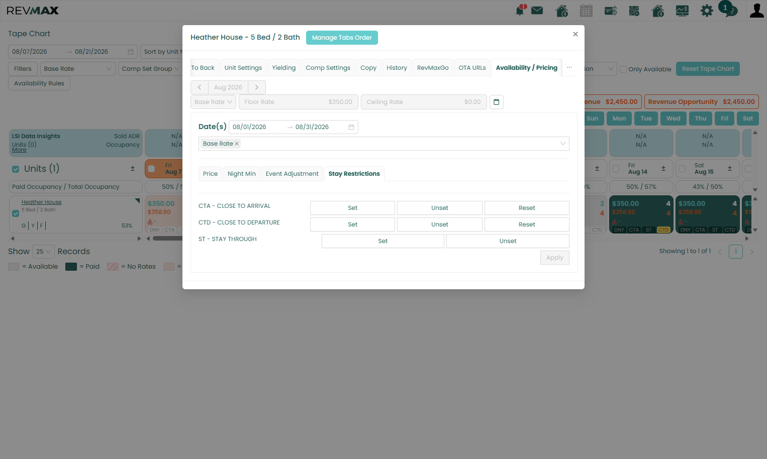 This allows you to apply Stay Restrictions directly from the unit-level pricing view.