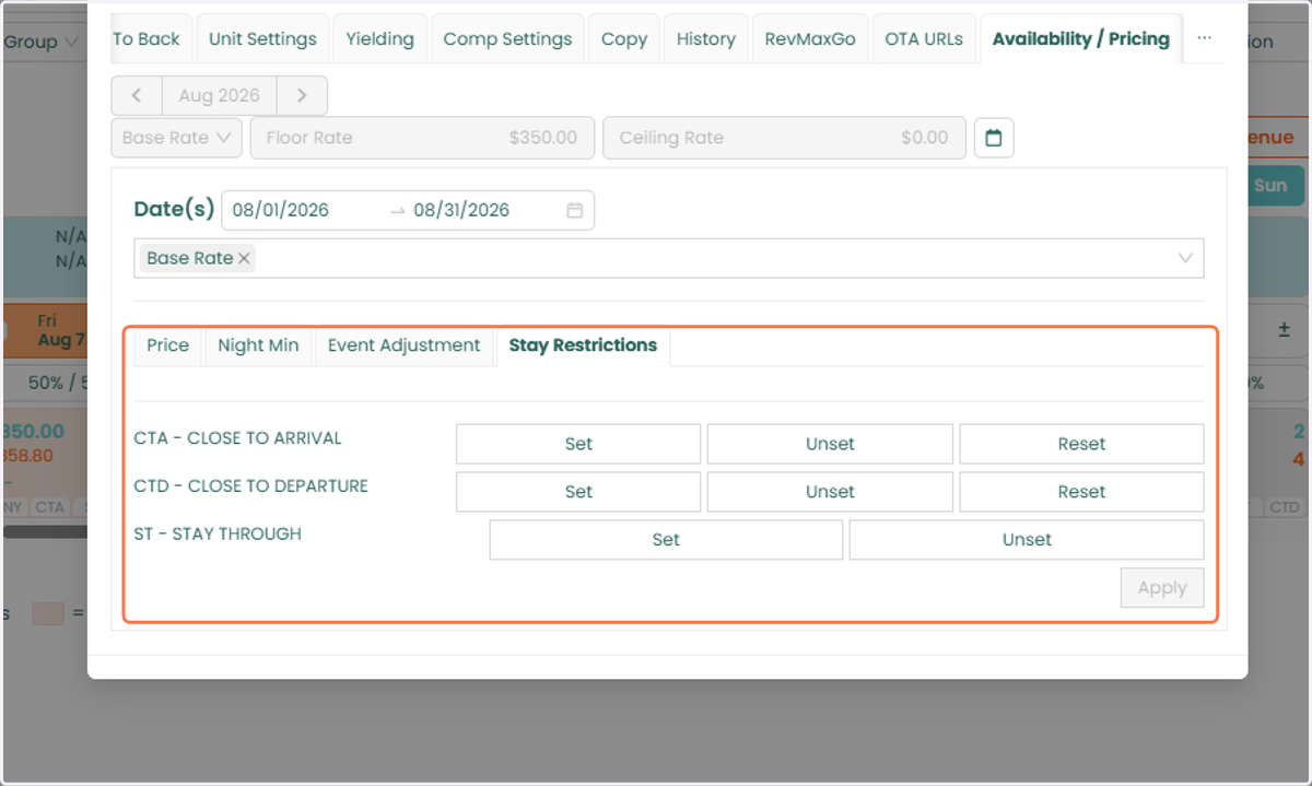 This allows you to apply Stay Restrictions directly from the unit-level pricing view.