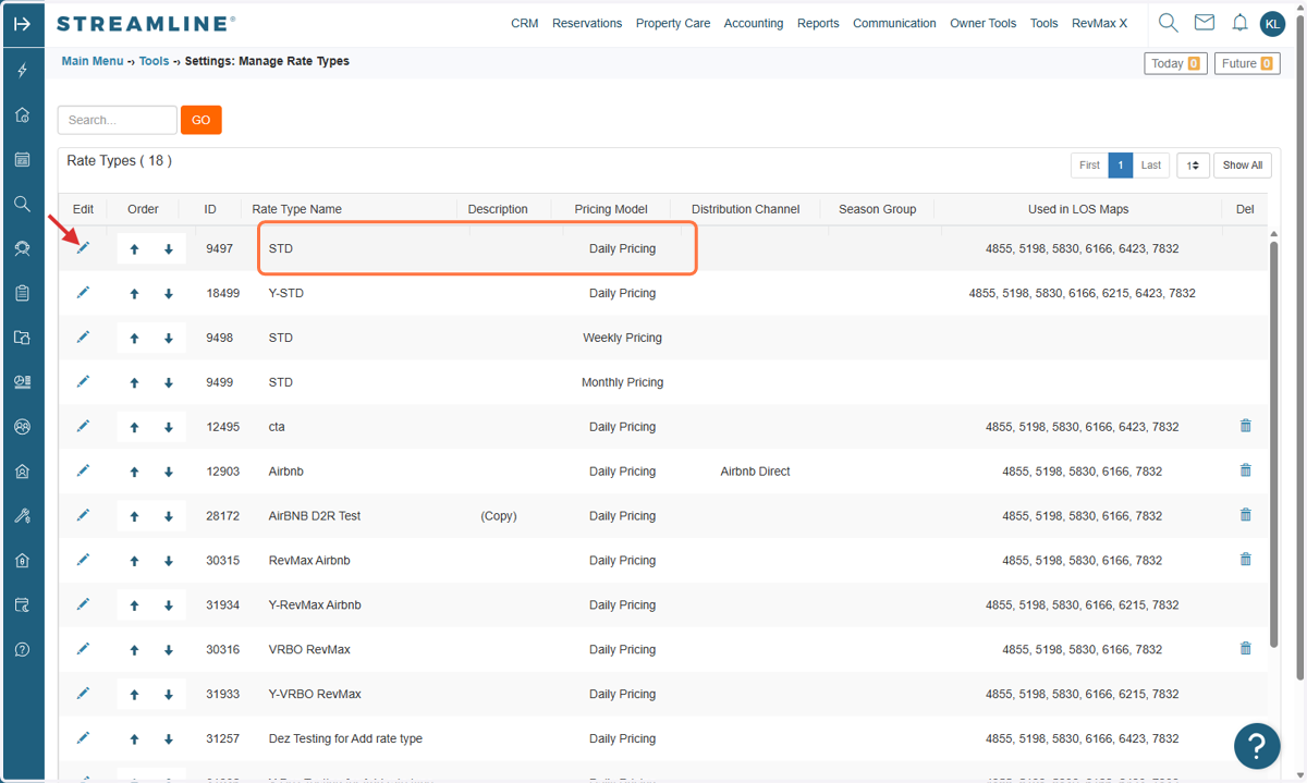 Click the STD (Daily Pricing) Rate Type settings.