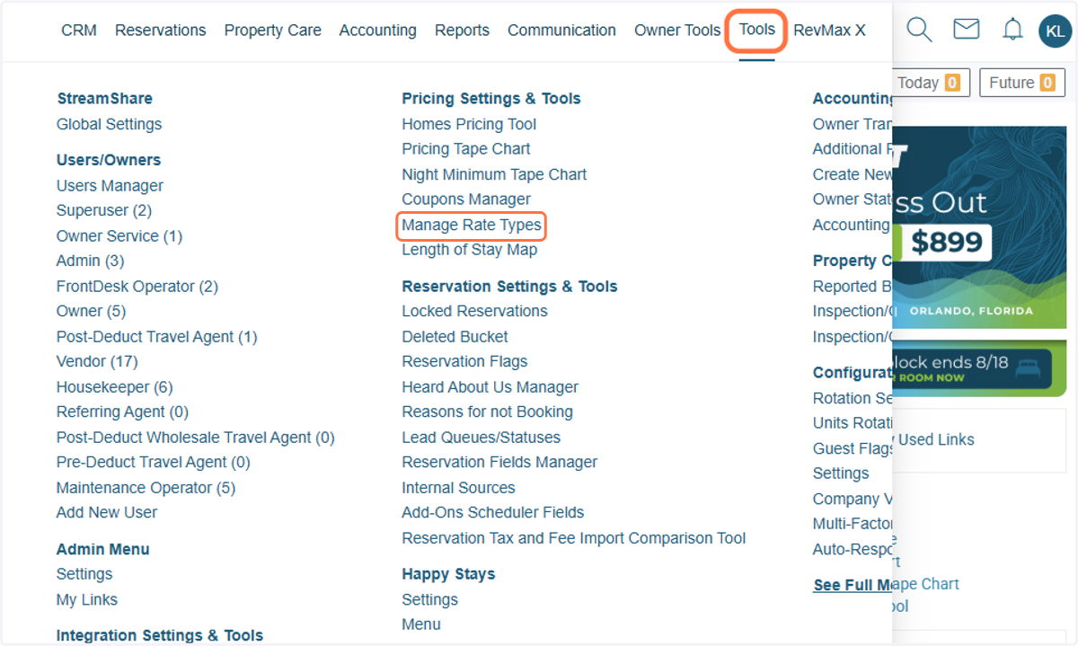 In your Streamline system, go to Manage Rate Types to confirm the Stay Restriction Settings in Streamline.