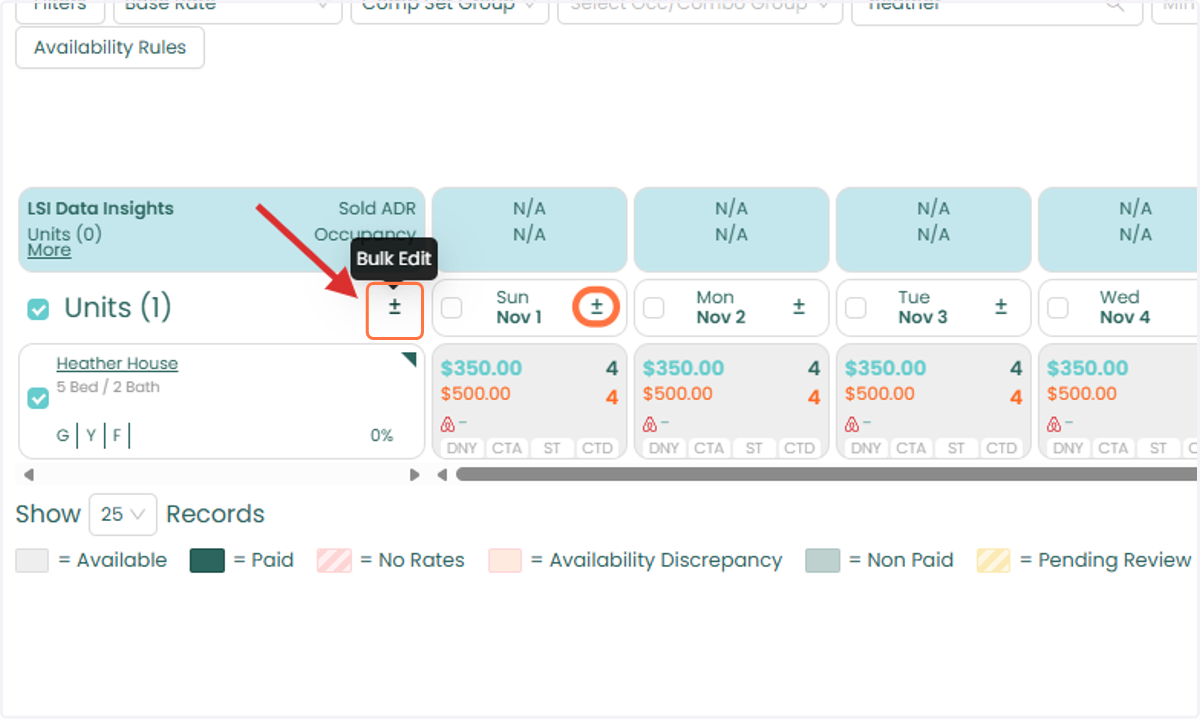 Once you have selected your desired dates and units, click the Bulk Edit icon.