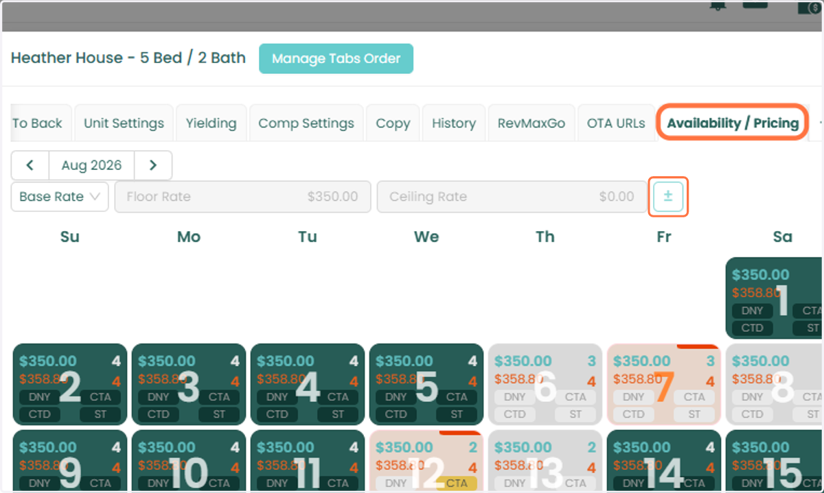 The bulk editing option is also available when viewing pricing through Unit-Level Settings > Availability/Pricing.