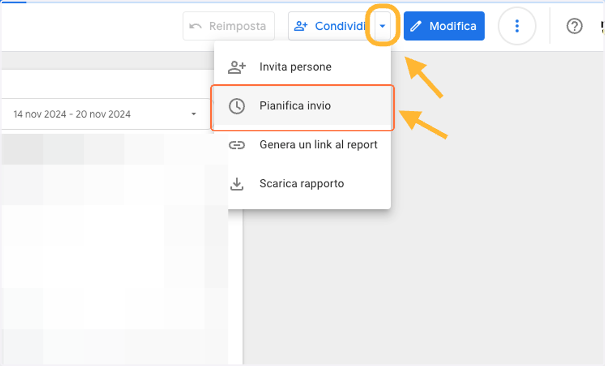 Click su selettore vicino a Condividi e click su Pianifica consegna email