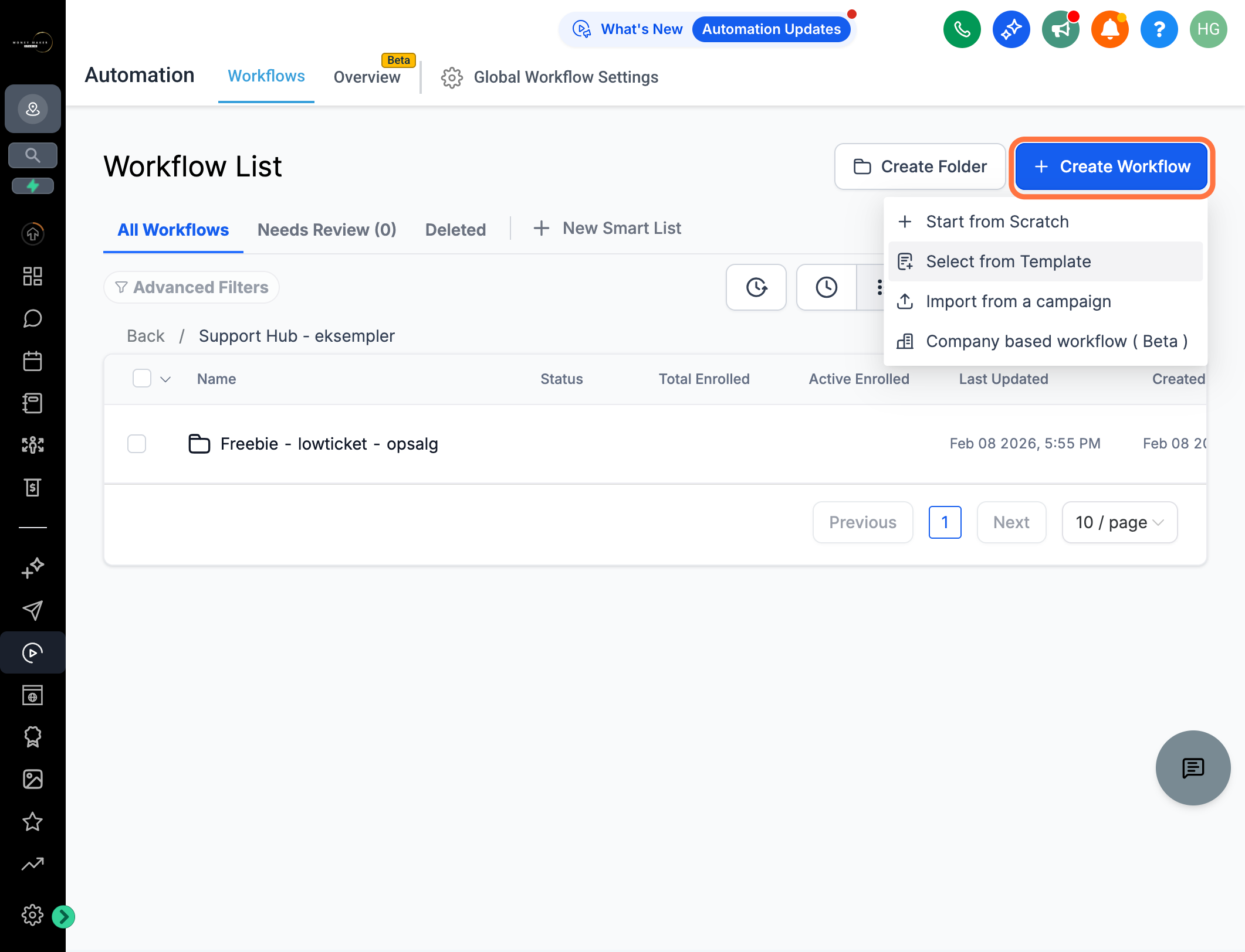 Gå til Automations, gå evt. ind i en relevant mappe og klik "Create Workflow" og vælg "Select from Template"