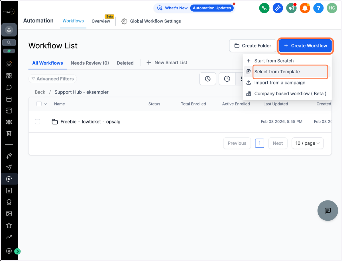 Gå til Automations, gå evt. ind i en relevant mappe og klik "Create Workflow" og vælg "Select from Template"