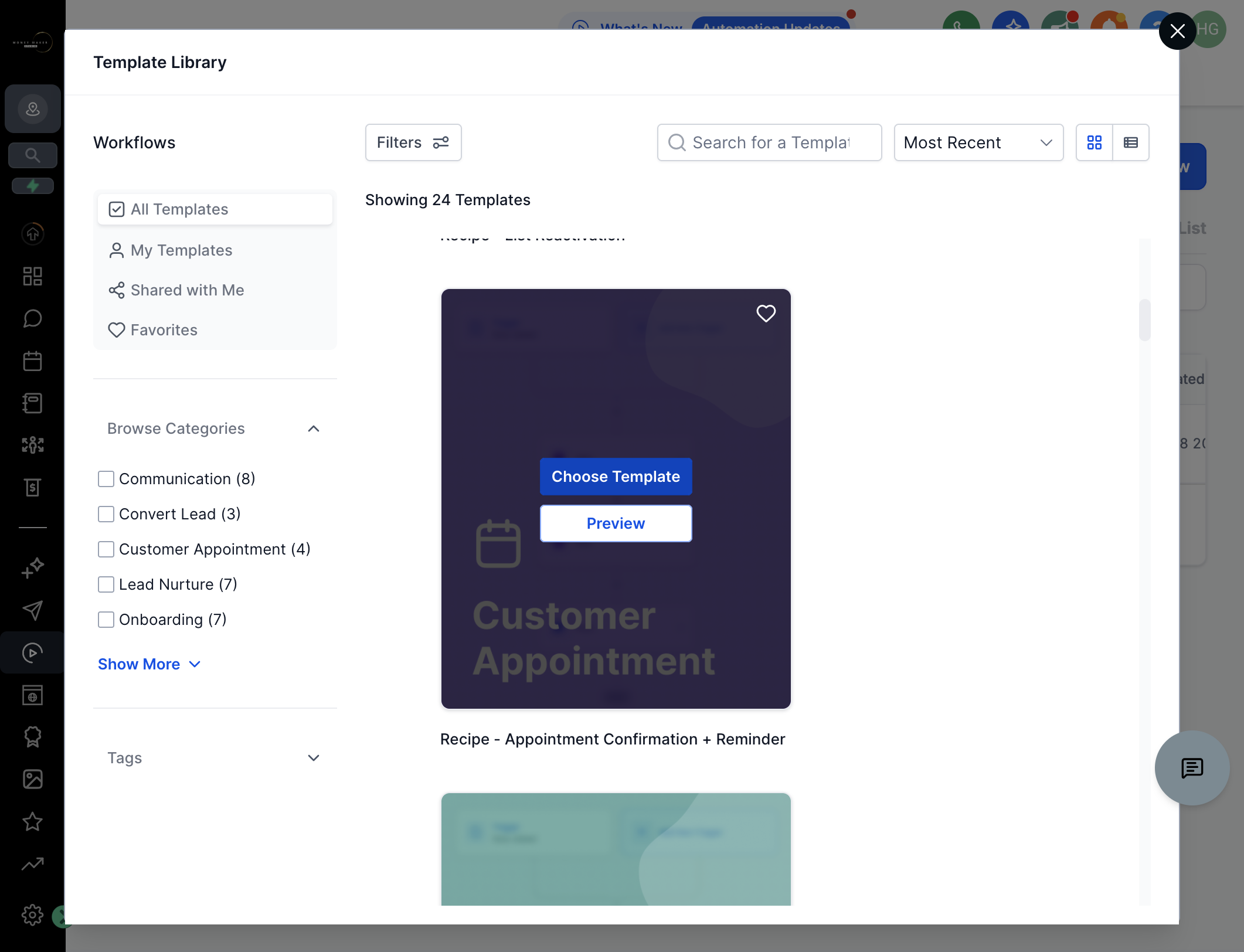 Find skabelonen "Recipe - Appointment Confirmation + Reminder" og klik på "Choose Template"