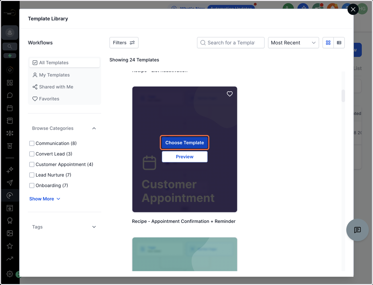 Find skabelonen "Recipe - Appointment Confirmation + Reminder" og klik på "Choose Template"