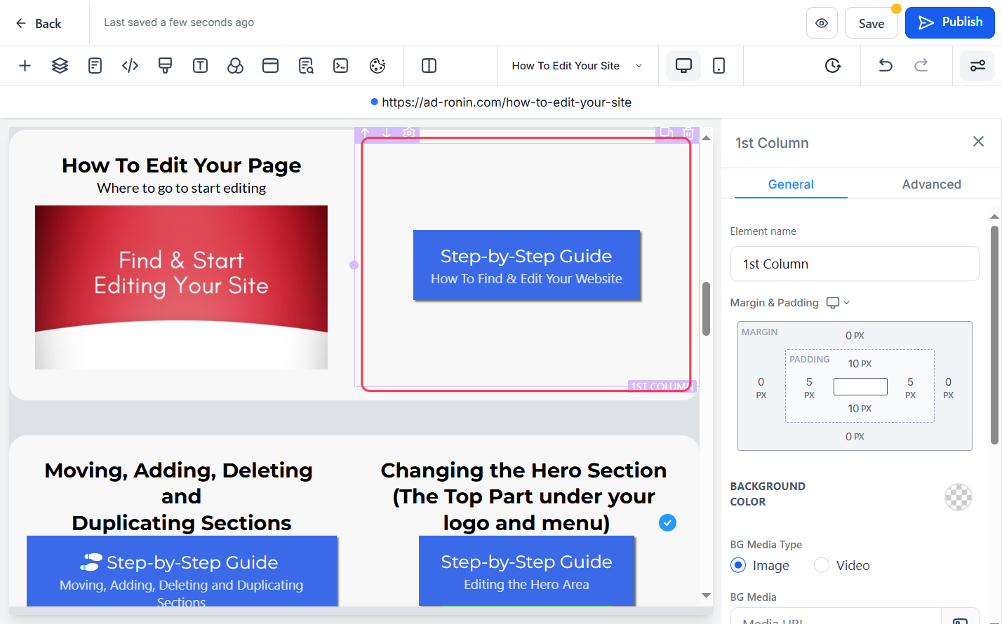 Click on the purple box (column) of the area you want to edit.