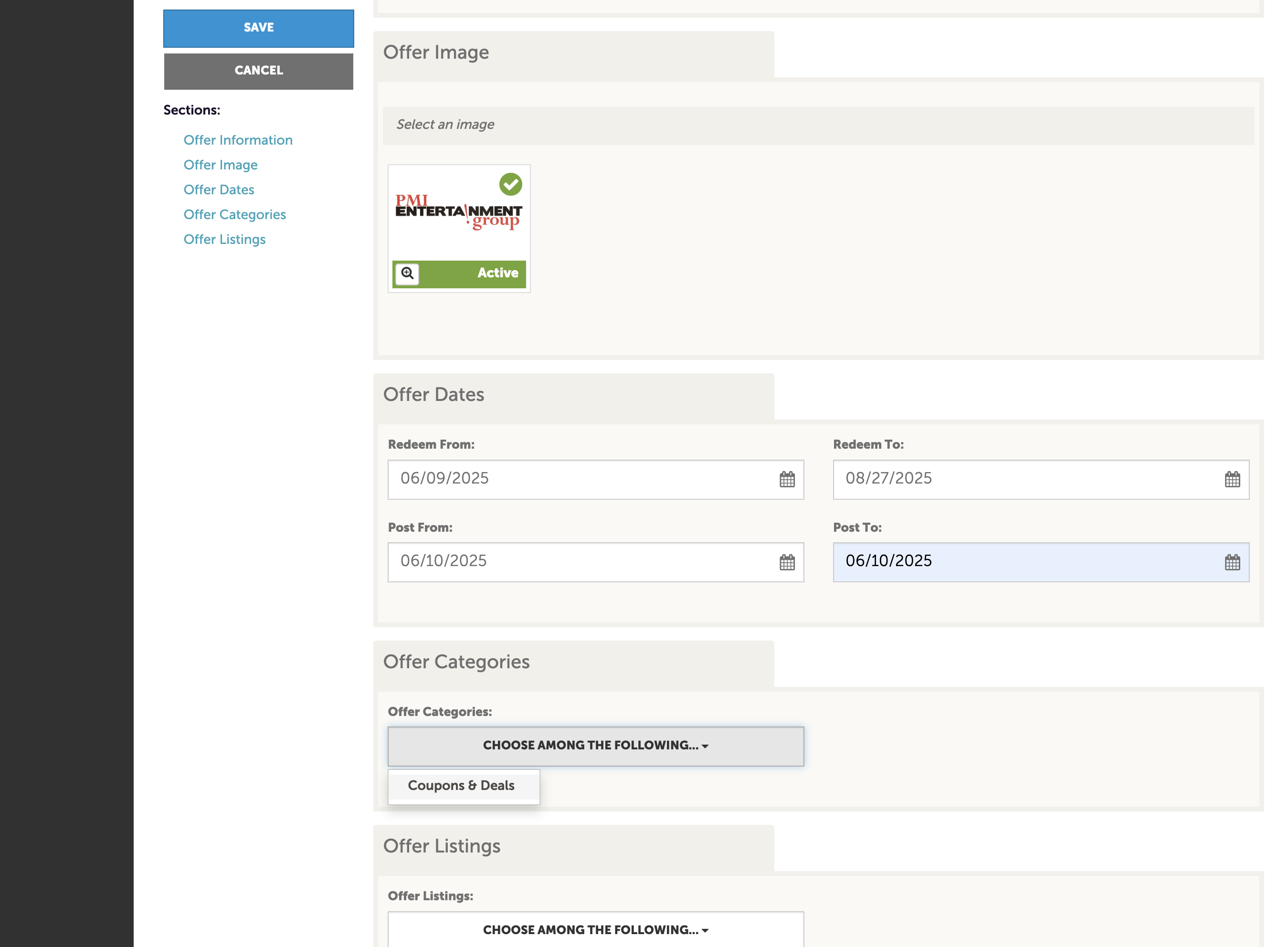Select the category of coupon. If this coupon is for a special event, selecte event name