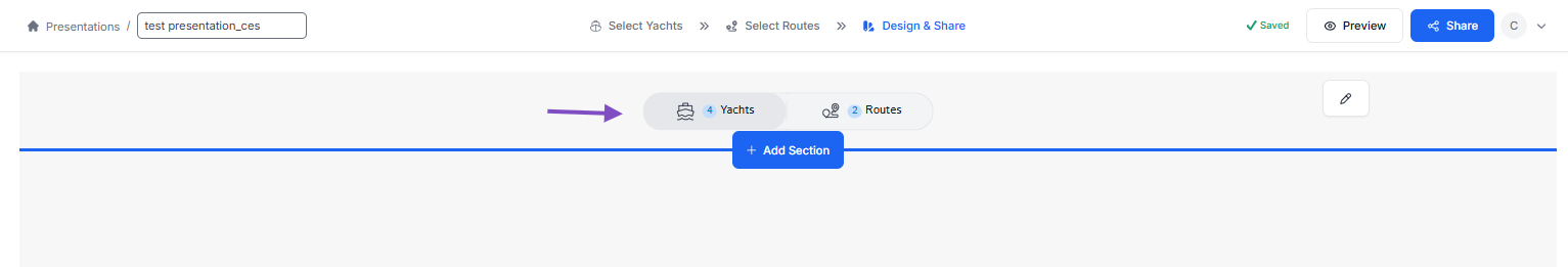 Make sure you are in Yachts and select "+Add Section"