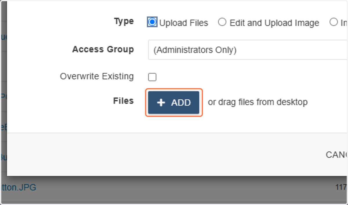 A pop-up will appear. Click on Add Files to find your file on your computer, or drag and drop your file into the box.